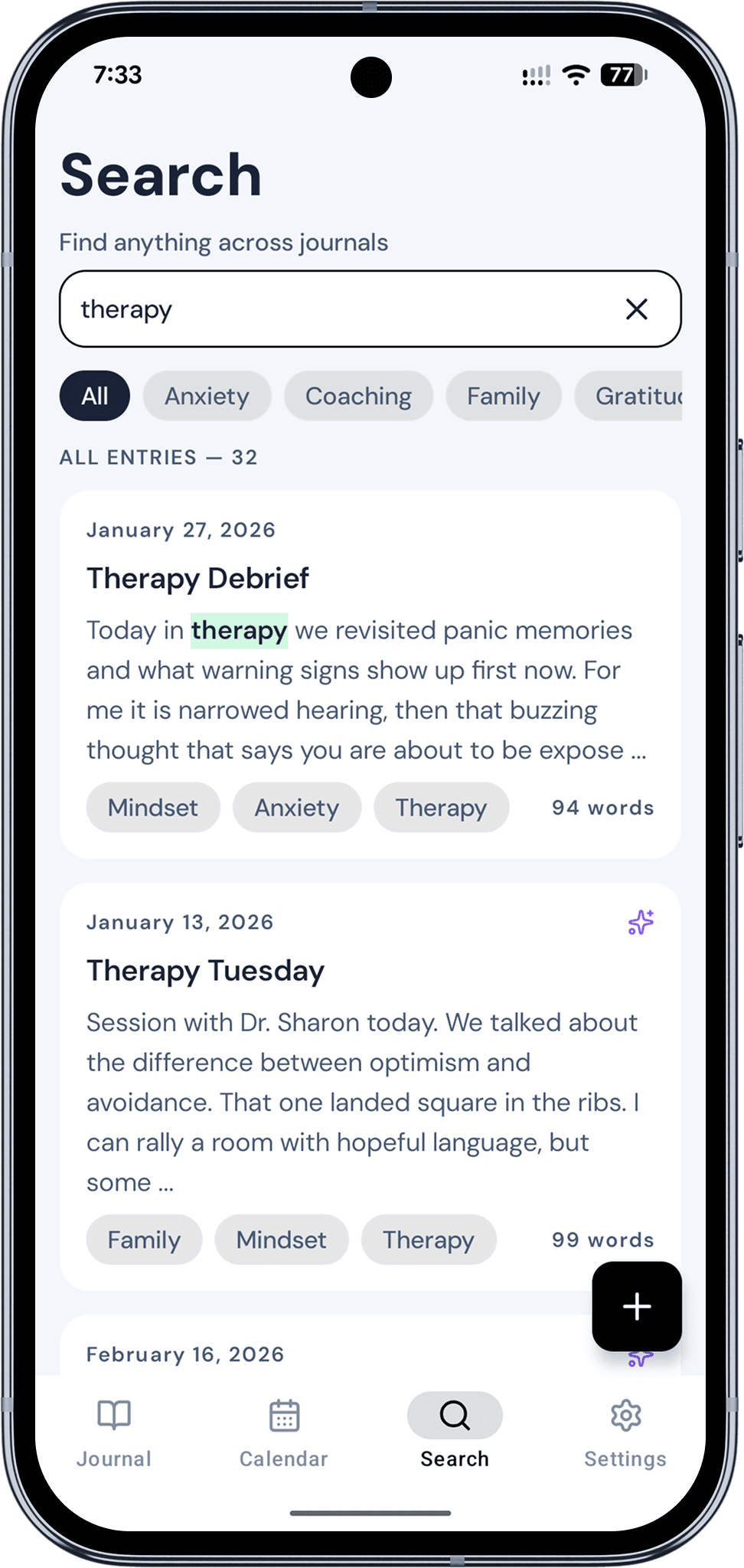 Saga search finding journal entries about therapy by meaning